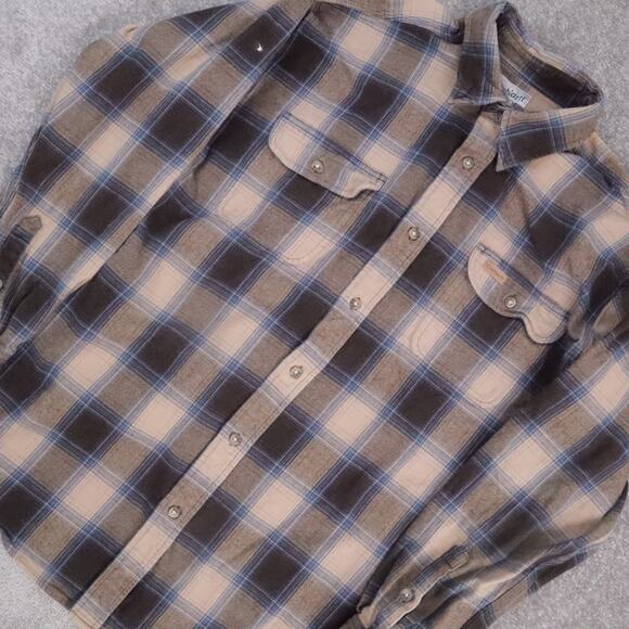 VTG Carhartt Plaid XL Brown Blue Long Sleeve Collared Full Button Shirt - Picture 6 of 10
